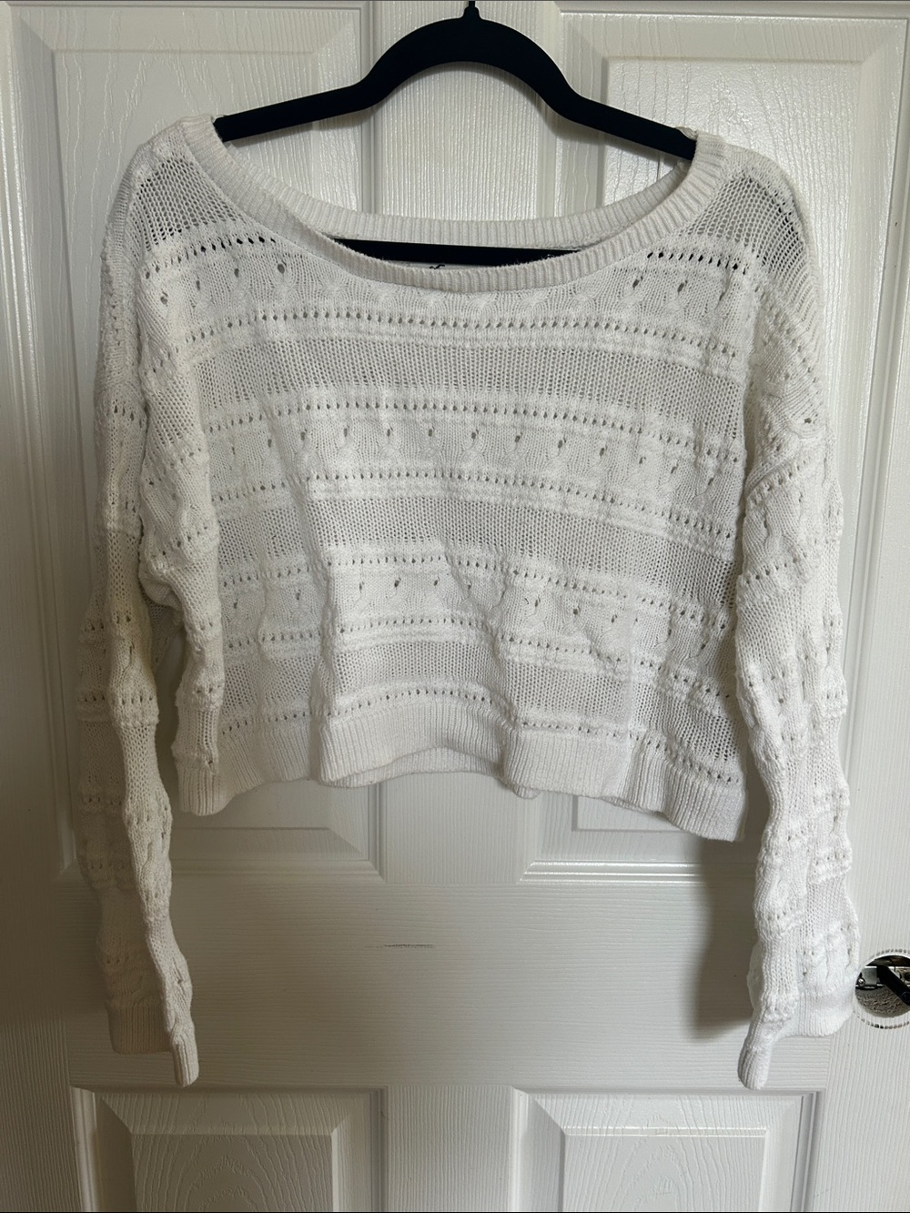 Hollister Ivory Open-Knit Cropped Crewneck Sweater